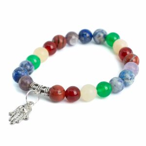 Bracelet Pierre Précieuse 7 Chakras avec Main Hamsa - 8 mm