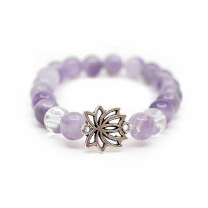 Bracelet Pierres Précieuses Améthyste et Cristal de Roche avec Lotus