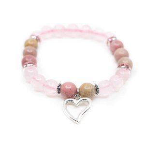 Bracelet Quartz Rose / Rhodochrosite et Breloque en Coeur