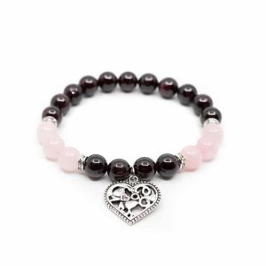 Bracelet Pierres Précieuses Grenat/Quartz Rose avec Breloque Coeur