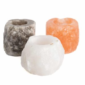 Lot de 3 Porte-Bougie en Pierre de Sel d'Himalaya (400-700 grammes) - Orange, Blanc, Gris - 9 x 9 x 10 cm