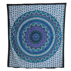 Tapisserie Authentique Mandala Fleurs en Coton Bleu/Violet (240 x 210 cm)