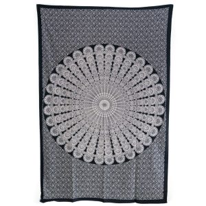 Tapisserie Authentique Mandala en Coton - Noir/Blanc (215 x 135 cm)