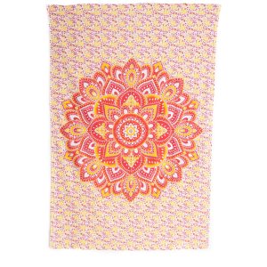 Tapisserie Authentique Mandala Fleurs en Coton - Rouge et Orange (215 x 135 cm)