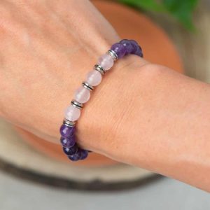 Bracelet pierres précieuses Améthyste et Quartz rose - 8 mm