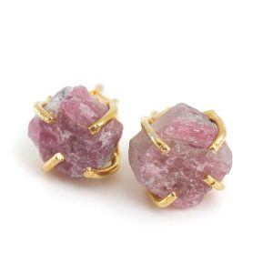 Boucles d'Oreilles en Pierre Précieuse Tourmaline Rose Brute - Argent 925 et Plaqué Or