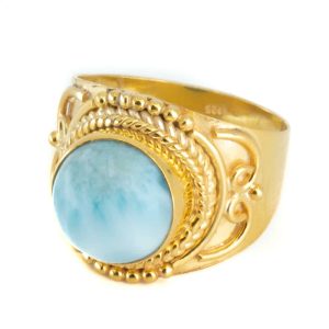 Bague avec Pierre Précieuse Larimar | Argent 925 et Plaqué Or « Jesahna » (Taille 17)