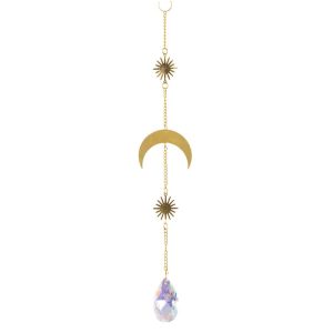 Capteur de Soleil Feng Shui Cristal Arc-en-Ciel Soleil et Lune Couleur Or (27,5 cm)