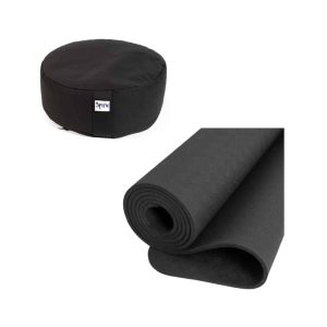 Coussin de méditation en coton et tapis de yoga en TPE noir - Ensemble